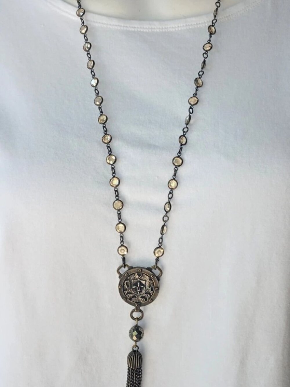 French Kande Mini Fleur De Lis Medallion Dunkerque Euro Crystal Tassel Necklace